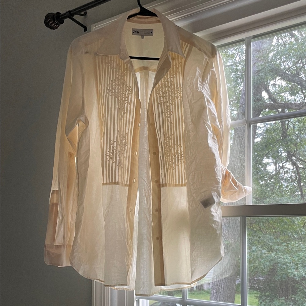 Zara Cream Long sleeve‎ Blouse with Pearl Embroidery | Size L - Picture 12 of 13